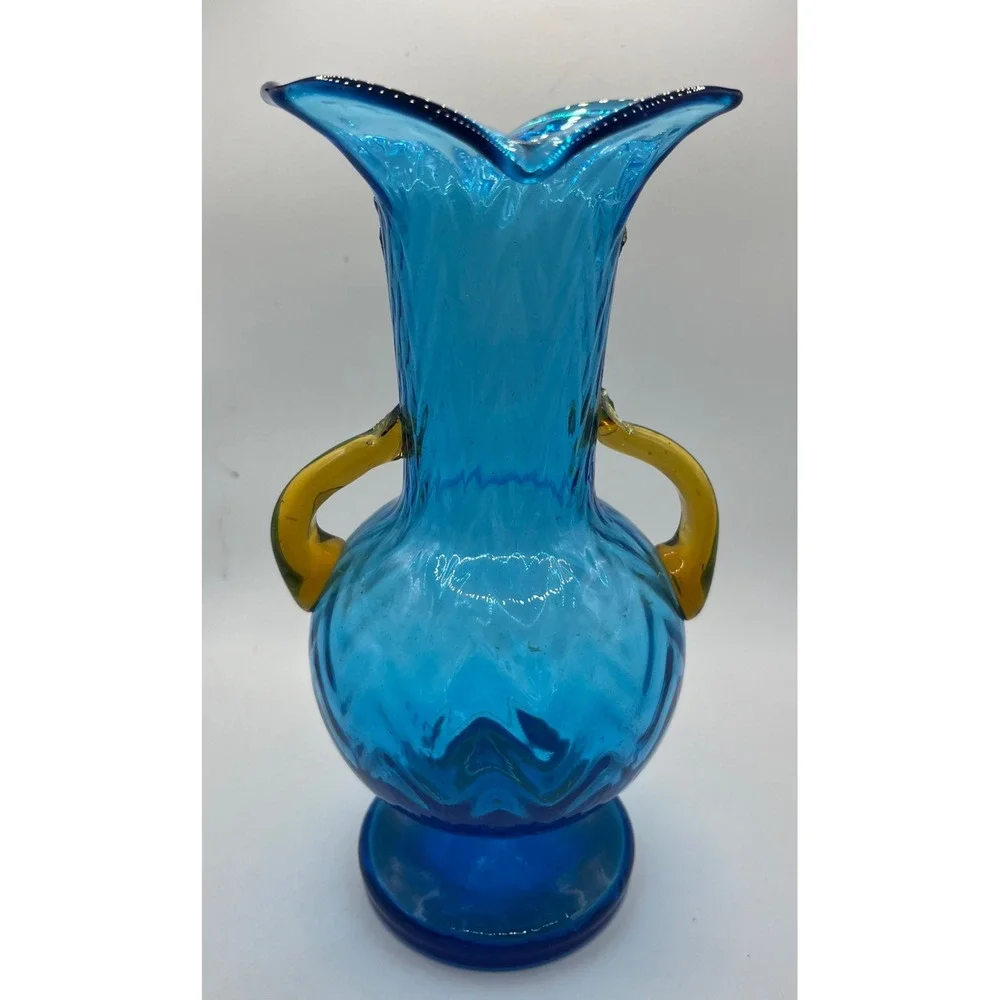 Vintage Empoli Blue Glass Vase with Yellow‎ Handles Ornate Accent Decor